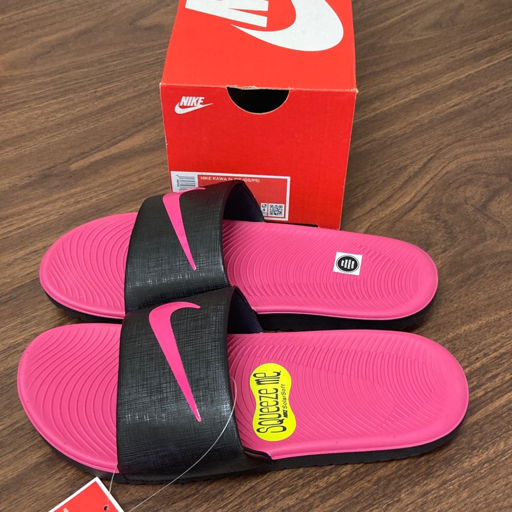 Nike Black and Pink Slide Sandals
